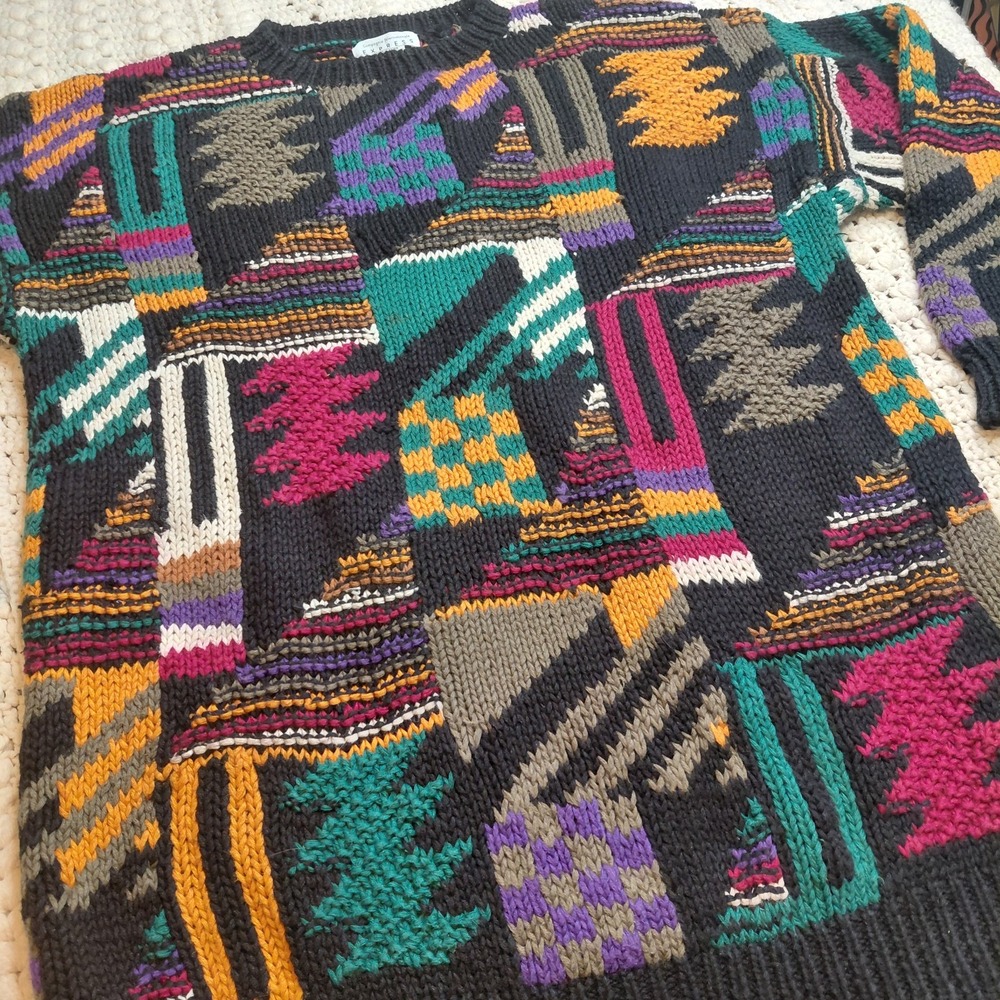 Vtg Compagnie Internationale‎ Express 90s Geometric Sweater S 3D Chunky Knit Y2K